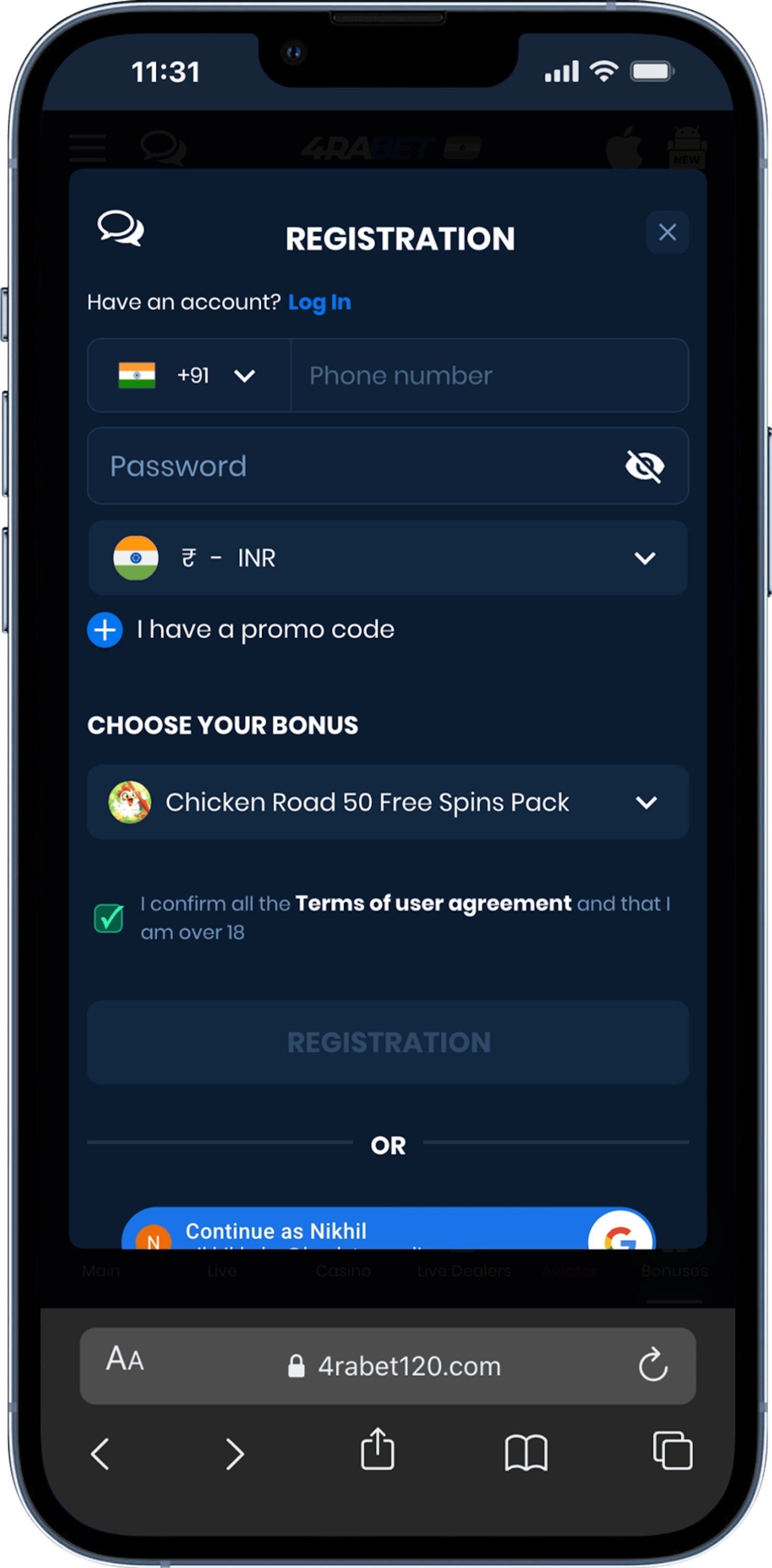 4rabet Registration Form