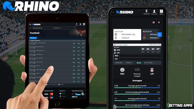 A Pixel phone showing the EPL stats section and an i Pad showing the football section of the Rhino Bet app
