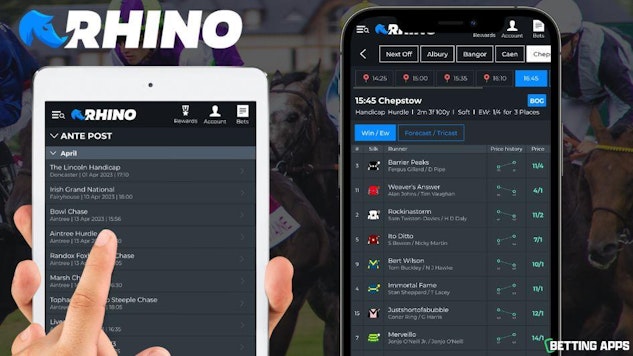 An i Pad showing all of the upcoming antepost races and an i Phone showing a racecard from Chepstow on the Rhino bet app