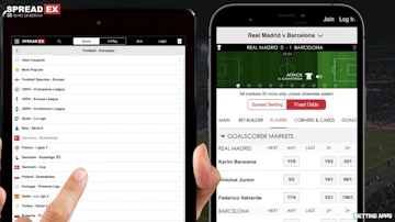 An i Phone and i Pad showing in play markets and football league selection in the spreadex app