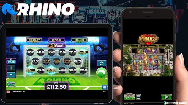 An i Phone showing the Bonanza casino game and an i Pad showing the winning kick casino game in the Rhino Bet app