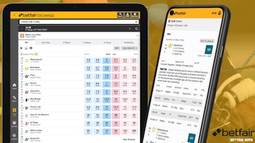 An ipad and pixel phone showing the horse racing section of the betfair app and exchange