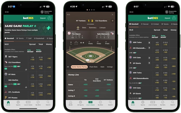 Bet365 betting app baseball mockup