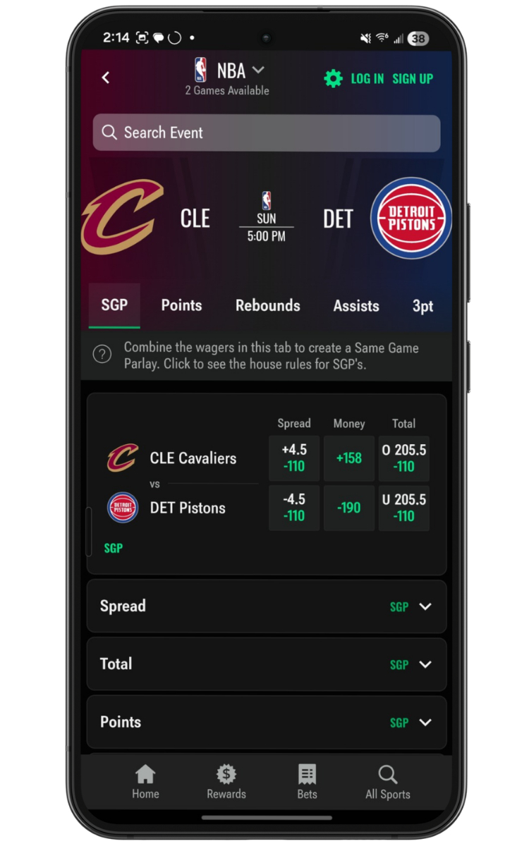 Caesars SGP homescreen