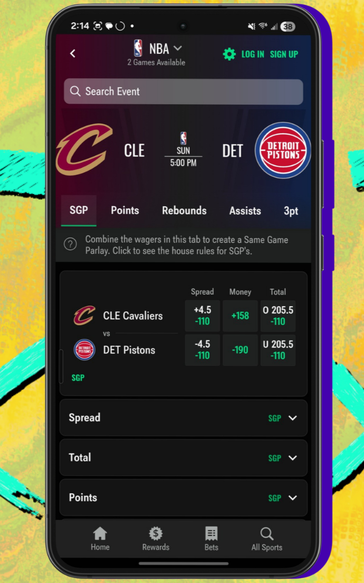 Caesars Sportsbook SGP home screen