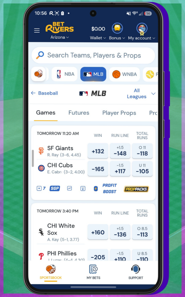BetRivers Baseball Betting Menu