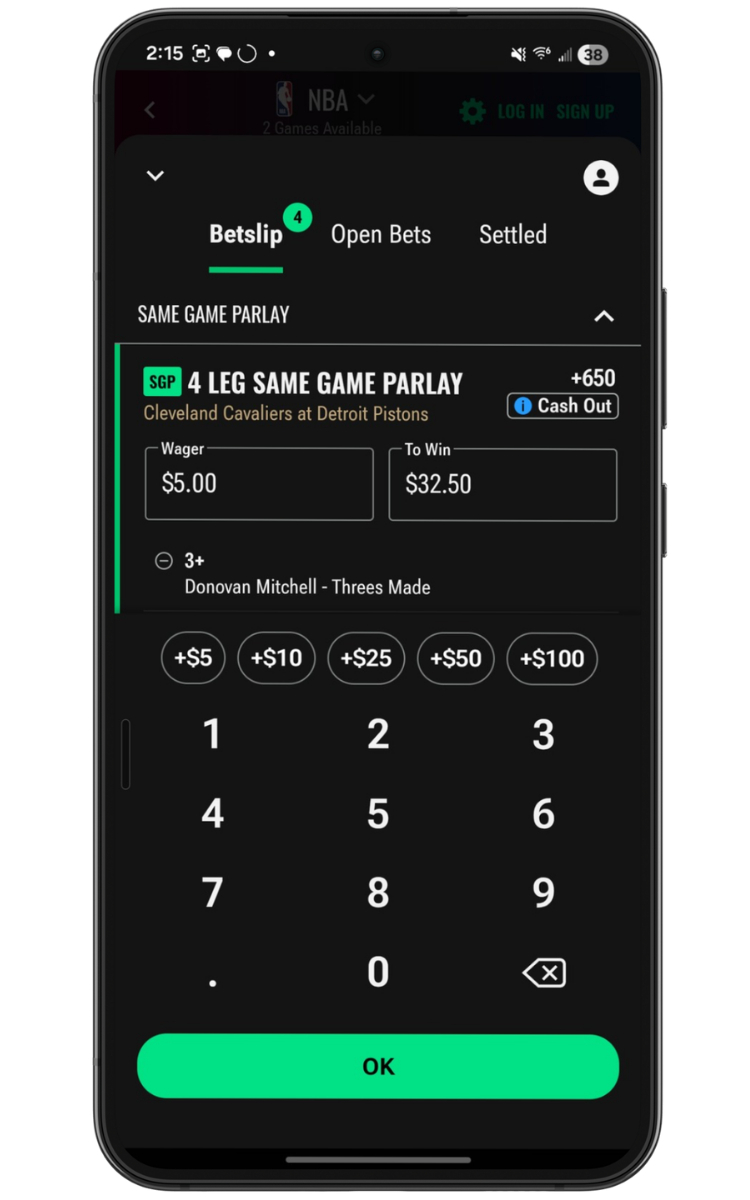 Caesars SGP betslip