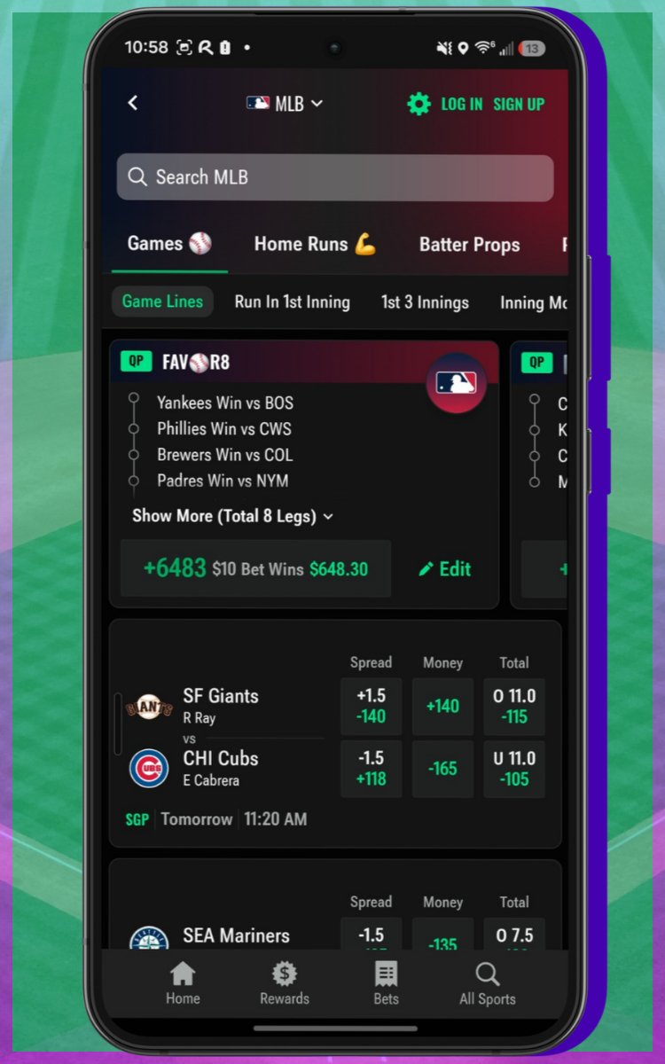 Caesars Sportsbook Baseball Menu