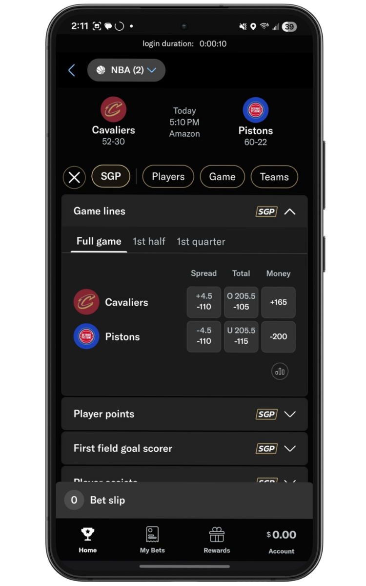 BetMGM SGP homescreen