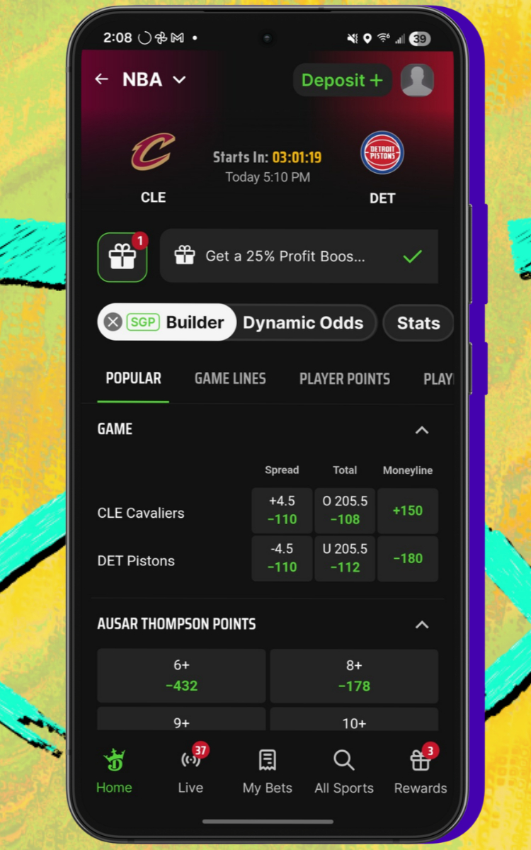 DraftKings Sportsbook SGP home screen