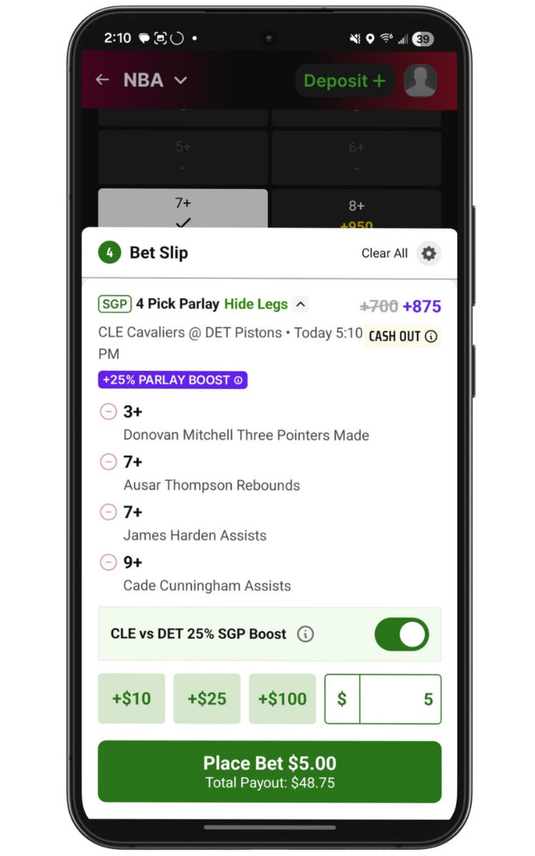 DraftKings Sportsbook SGP betslip