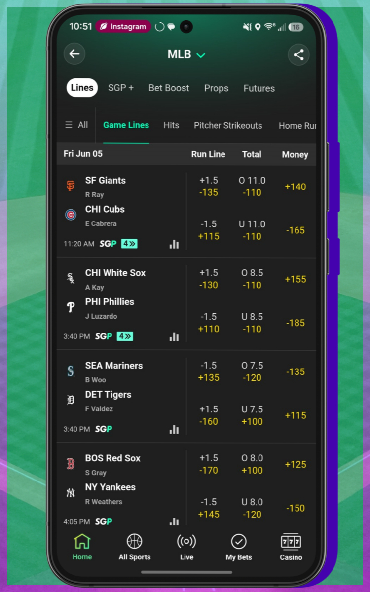Bet365 Baseball Betting Menu