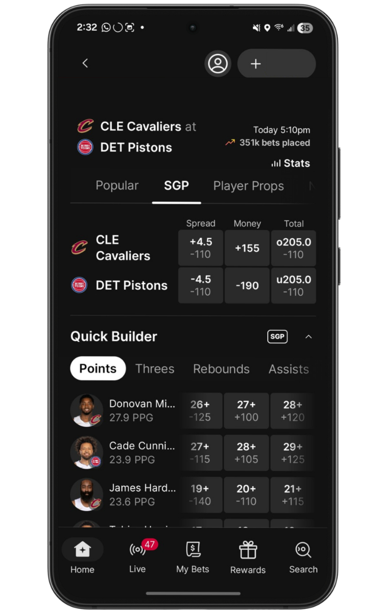 Fanatics Sportsbook SGP homescreen