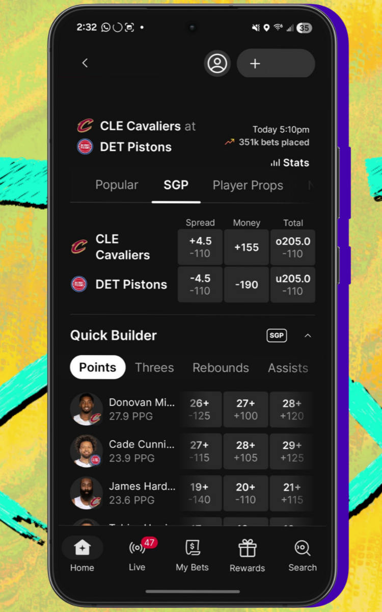 Fanatics Sportsbook SGP home screen