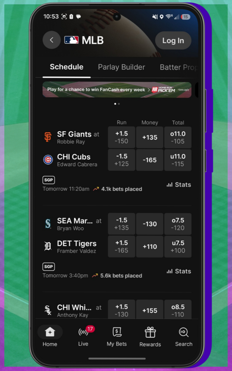 Fanatics Sportsbook Baseball Menu