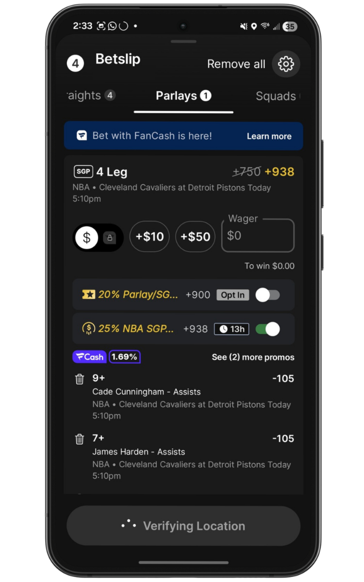 Fanatics Sportsbook SGP betslip
