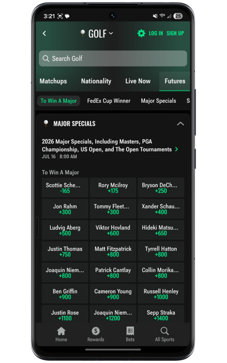 Caesars Sportsbook Golf Major Specials