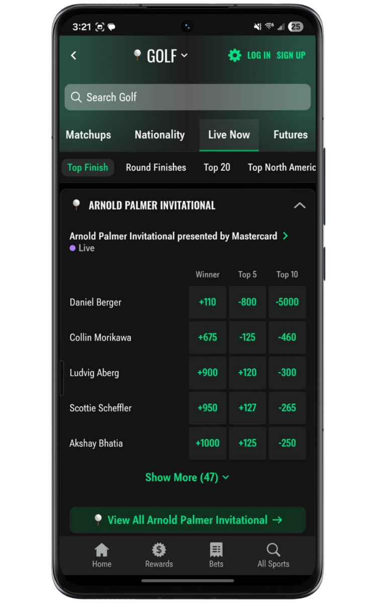 Caesars Sportsbook Golf Live Betting