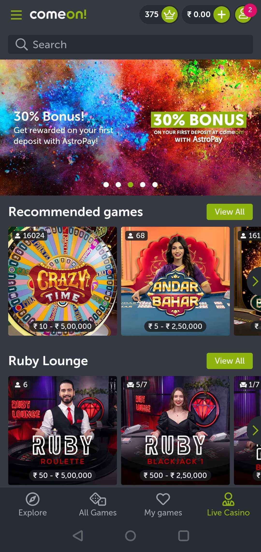 Come On App Live Casino