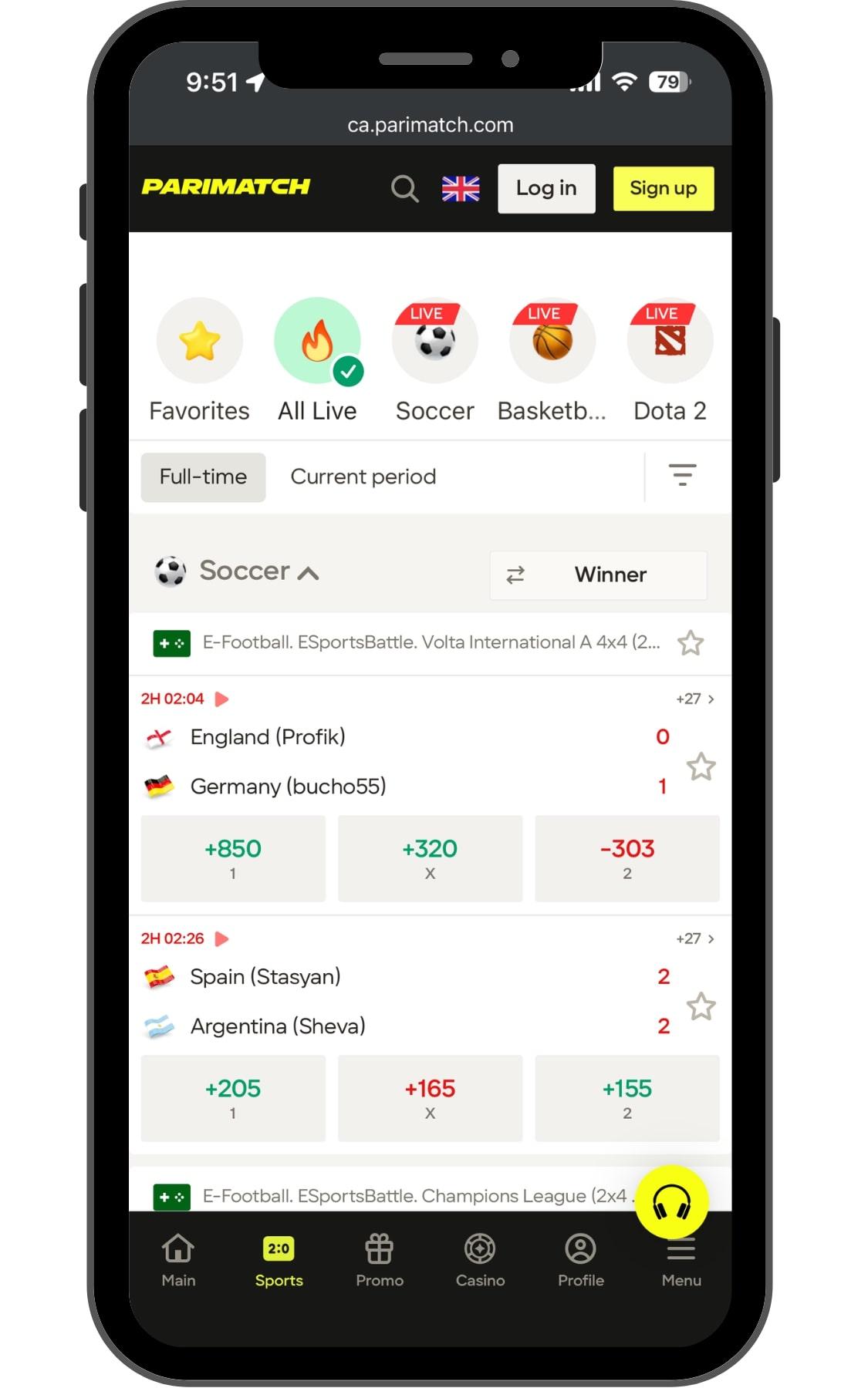 Search all live betting options