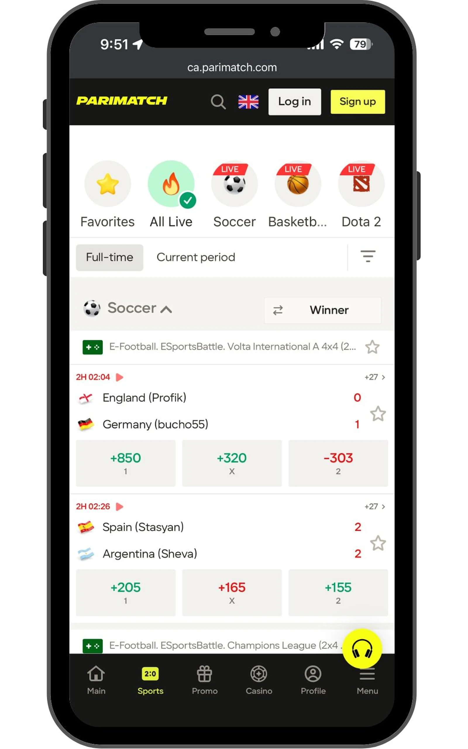 Search all live betting options