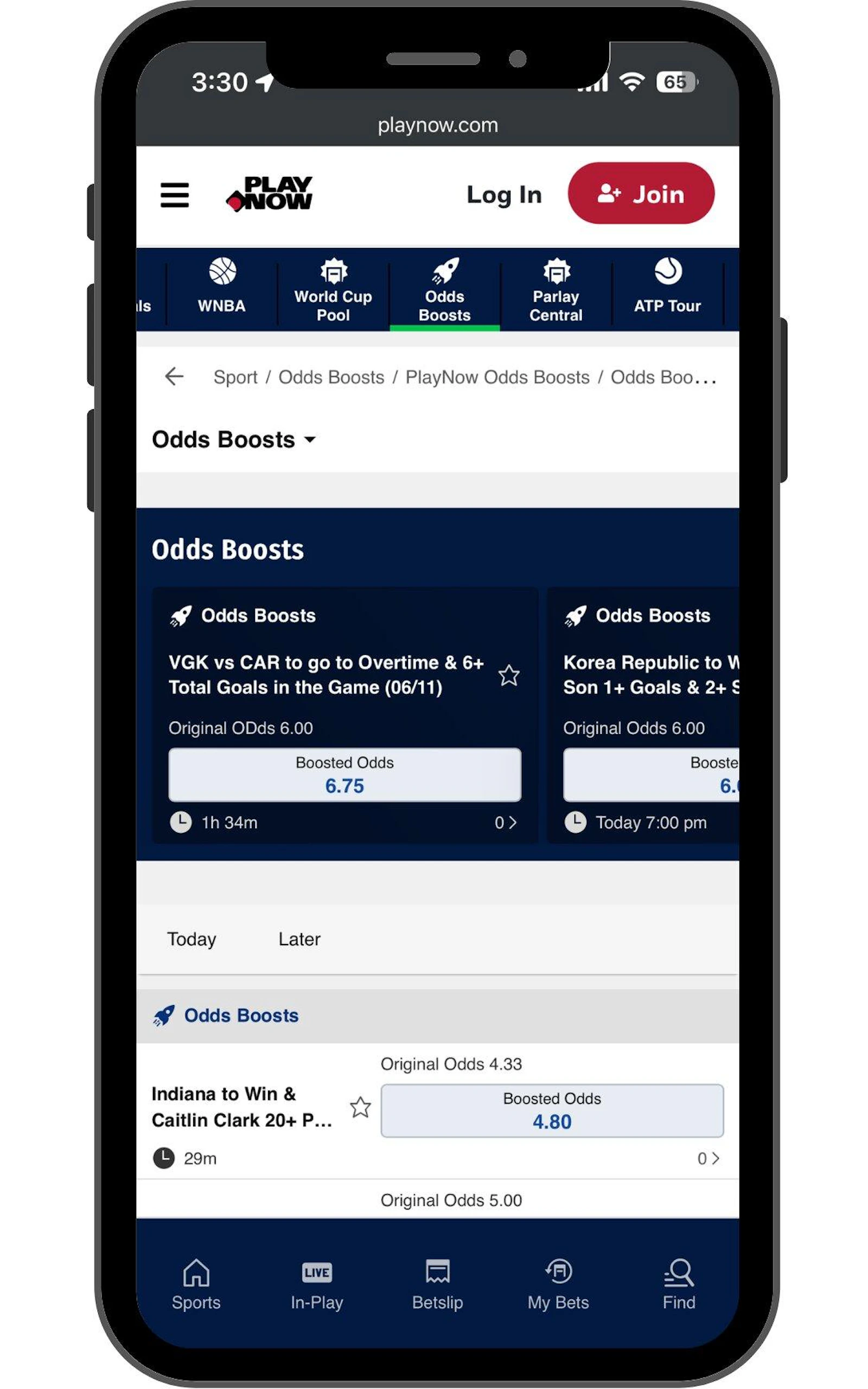 The live betting tab shows all of the current live games