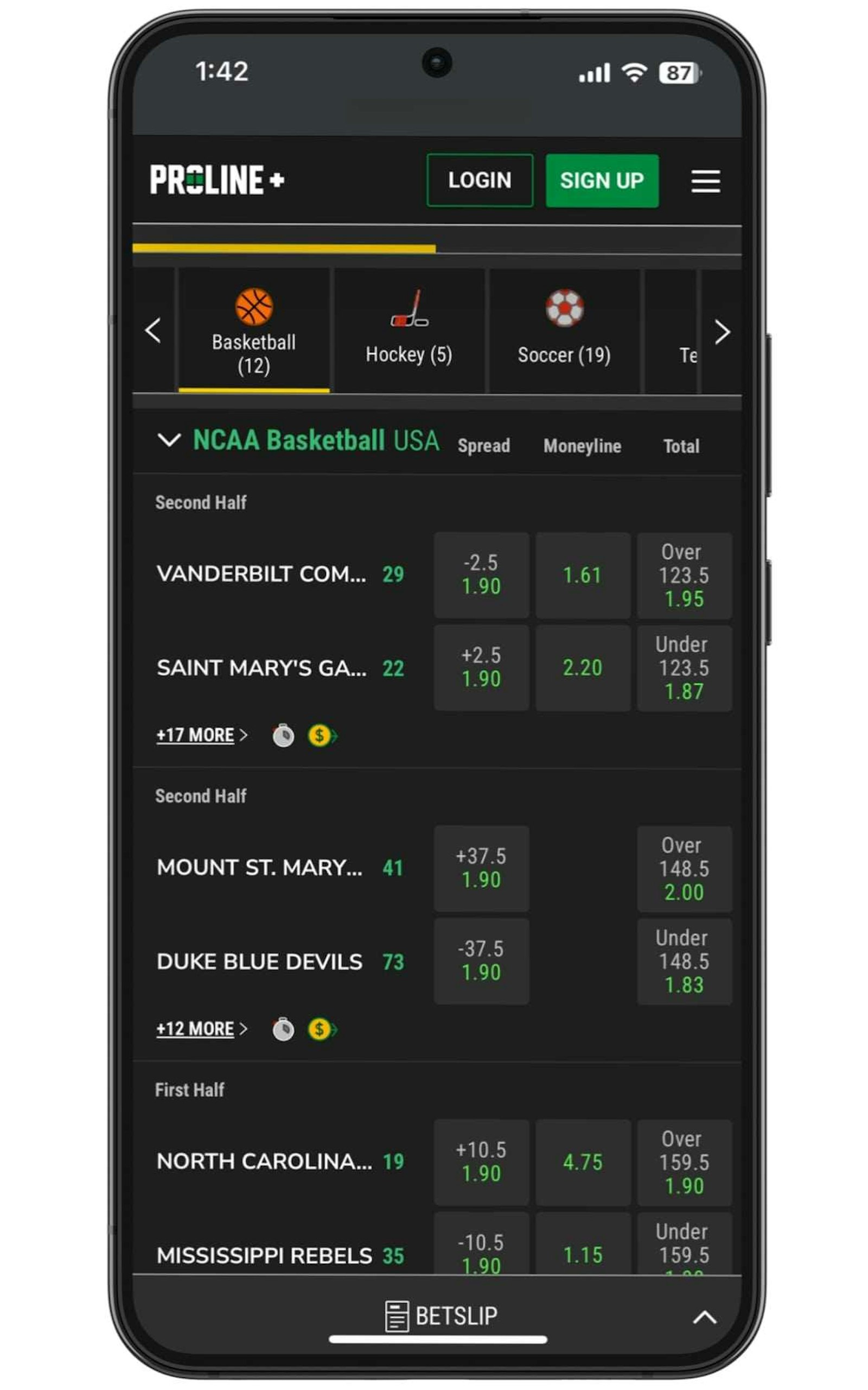 Proline live betting markets