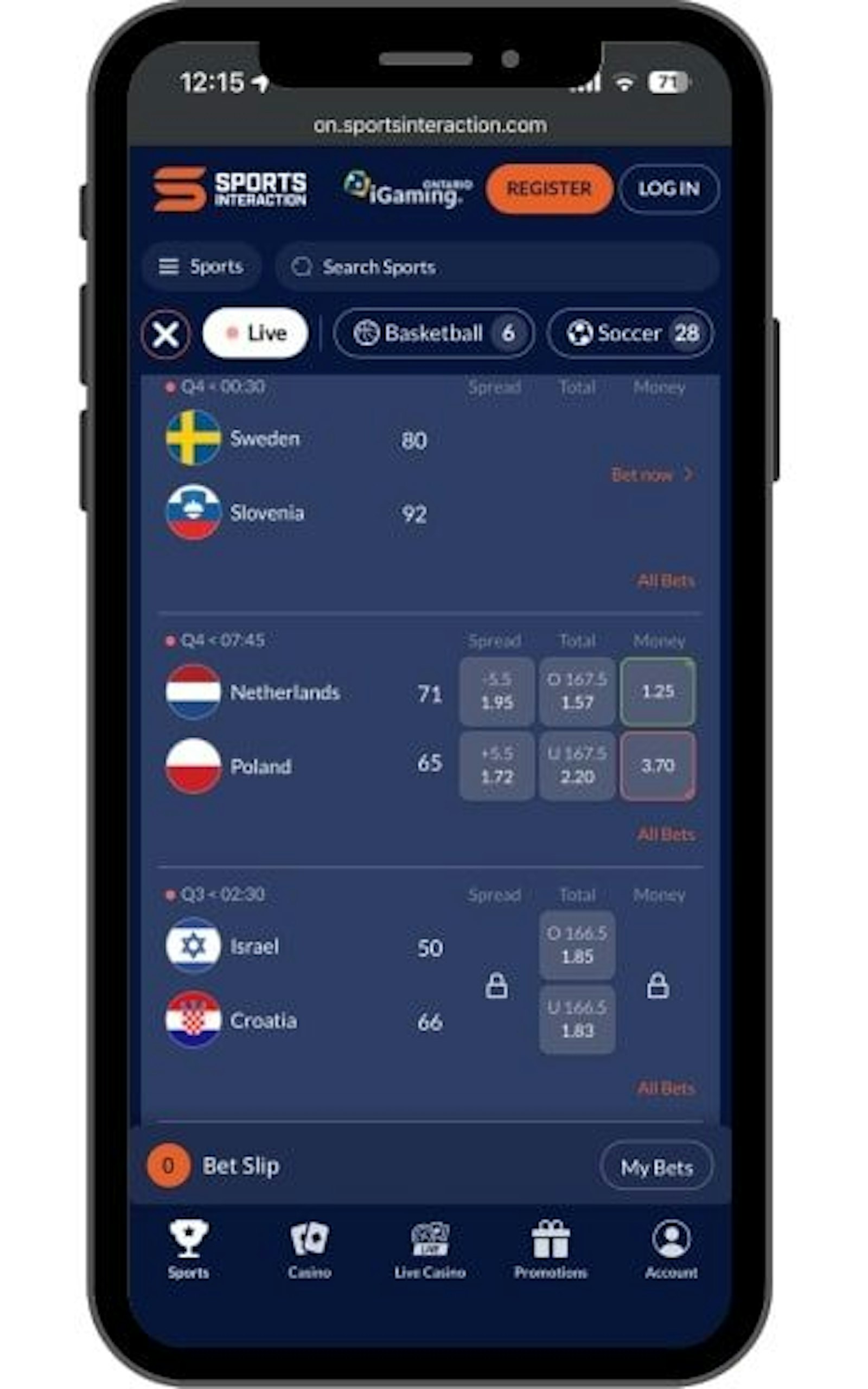 Dedicated live betting markets tab