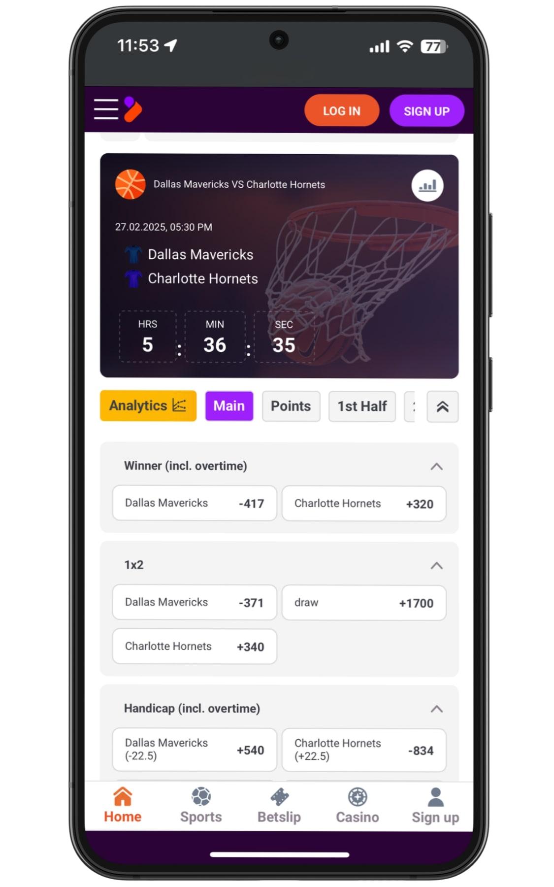 Tony Bet app review screenshot basketball