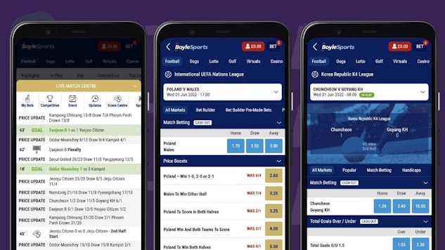 Boyle Sports app screenshots showing football betting options