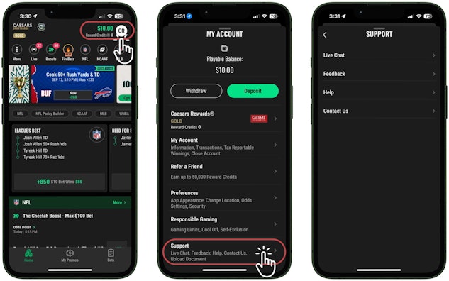 Caesars Sportsbook Customer Support Mockups