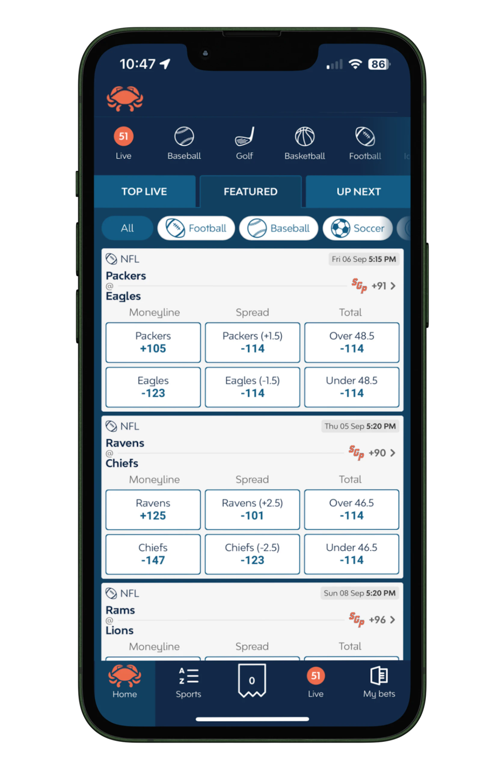 Crab Sports app featured mockup