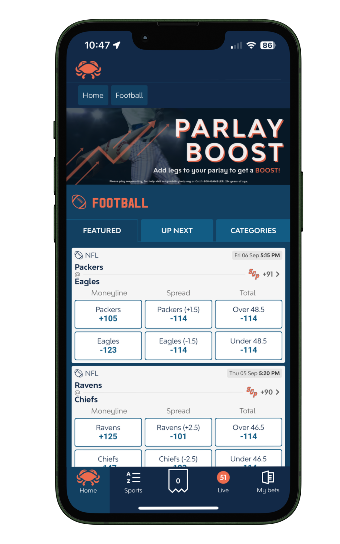Crab Sports app football mockup
