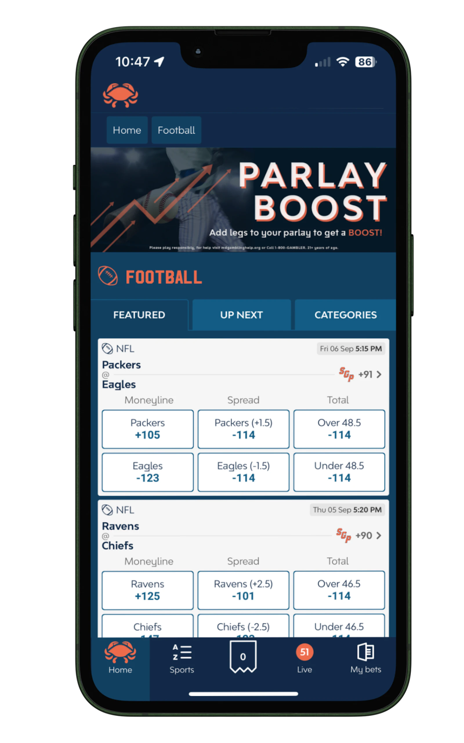Crab Sports app football mockup