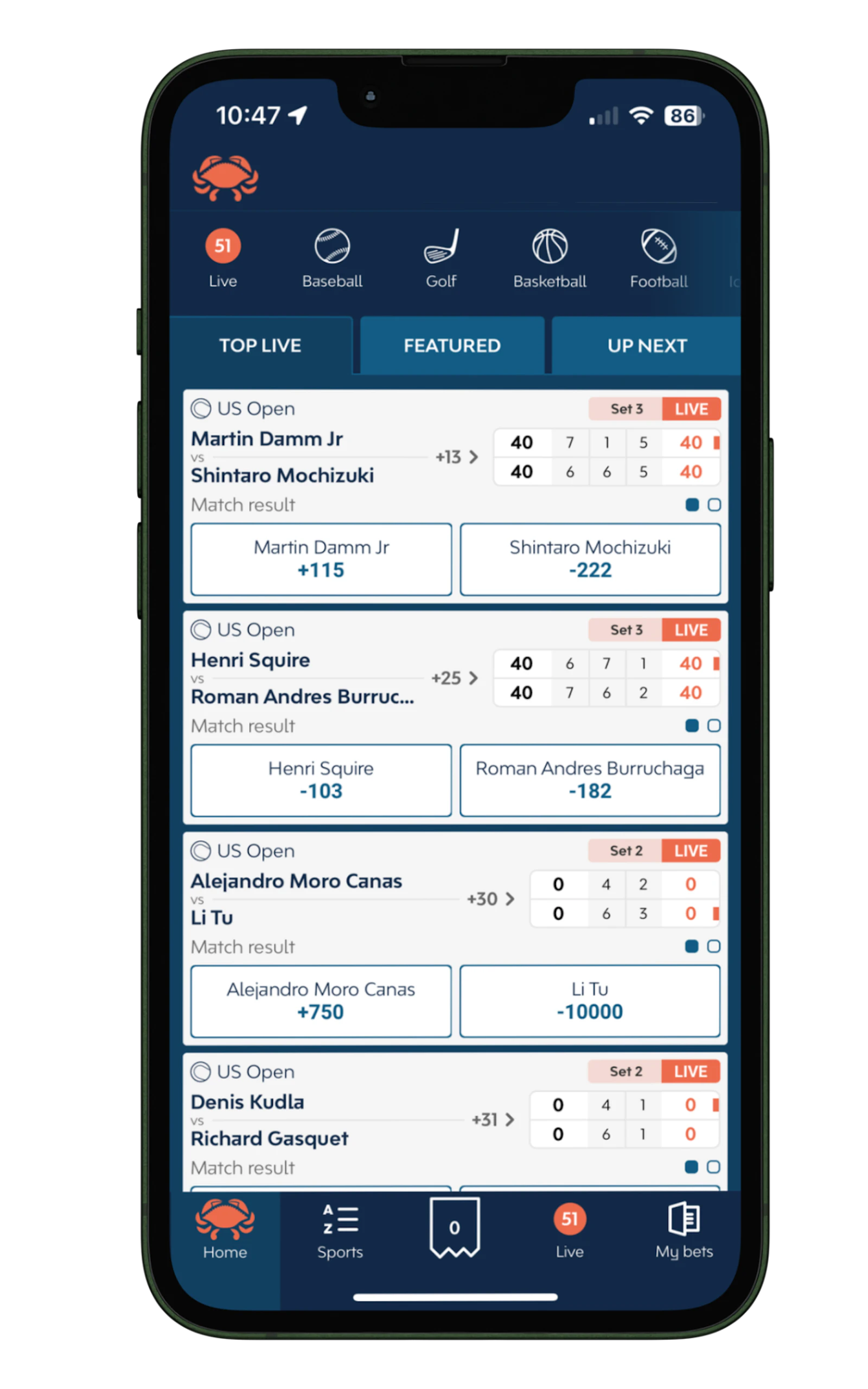 Crab Sports app live mockup