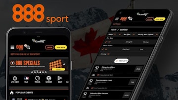 Custom image showing 888sport app canada screenshots on google pixel 5 against a canada flag background