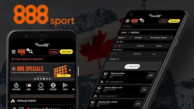Custom image showing 888sport app canada screenshots on google pixel 5 against a canada flag background