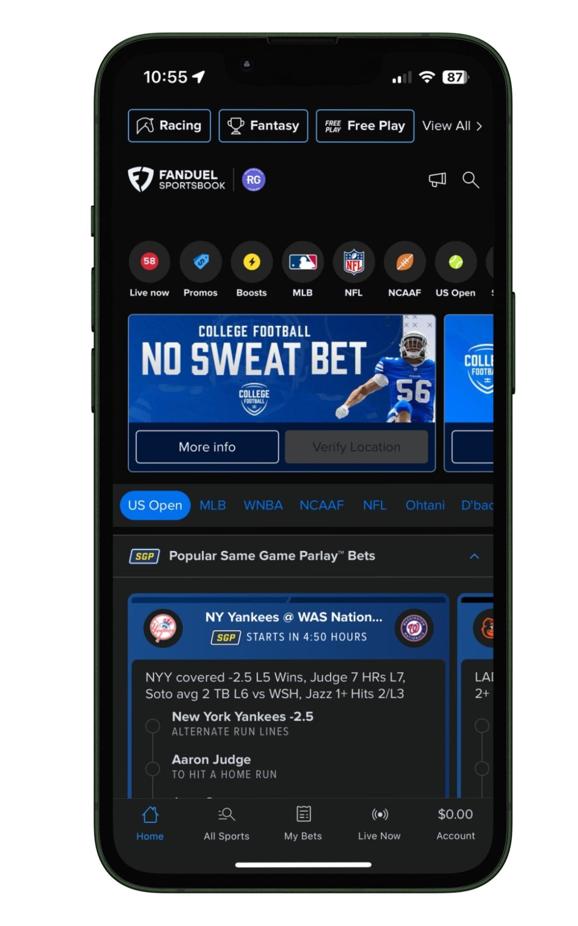 FanDuel Sportsbook App Homepage