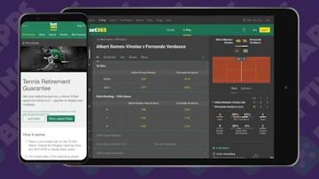 Screenshots of bet365 app tennis features offers and in play betting
