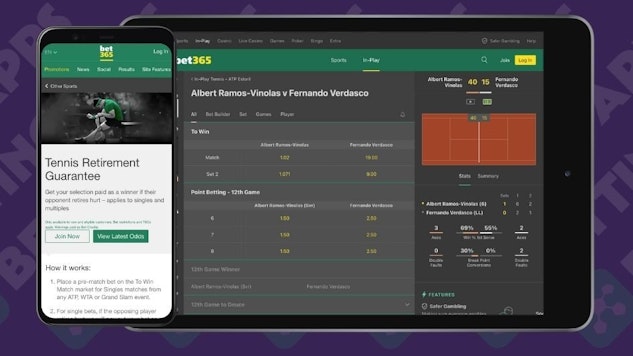 Screenshots of bet365 app tennis features offers and in play betting