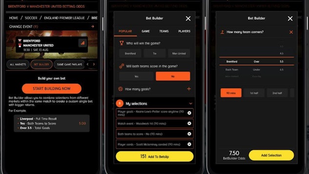 Screenshots of betting apps reviewer using 888sport app bet builder on google pixel 5