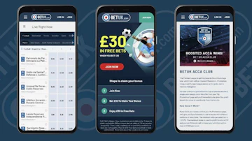 Screenshots showing sportsbook welcome offer and acca bonus offer on the Bet UK android app