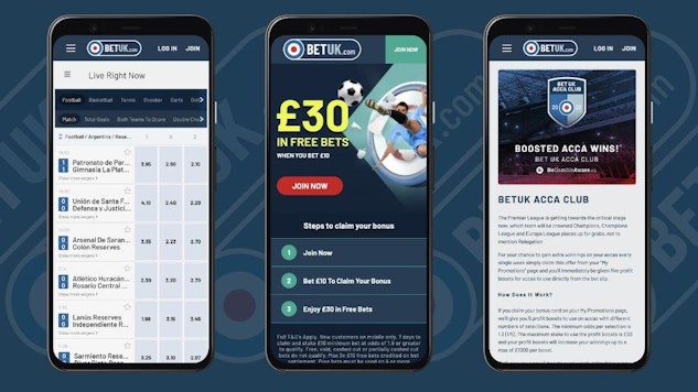 Screenshots showing sportsbook welcome offer and acca bonus offer on the Bet UK android app