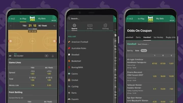 Three screenshots of the bet365 app on android demonstrating breadth of betting markets