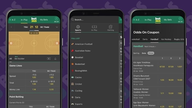 Three screenshots of the bet365 app on android demonstrating breadth of betting markets