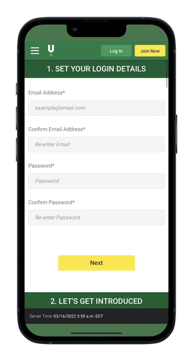 Schermafbeelding van het UniBet registratieformulier op een mobiel apparaat