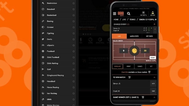 888sport app i Pad list of sports and tennis screenshot
