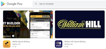 Screenshot of Google Play Store search result showing betfair and william hill android apps