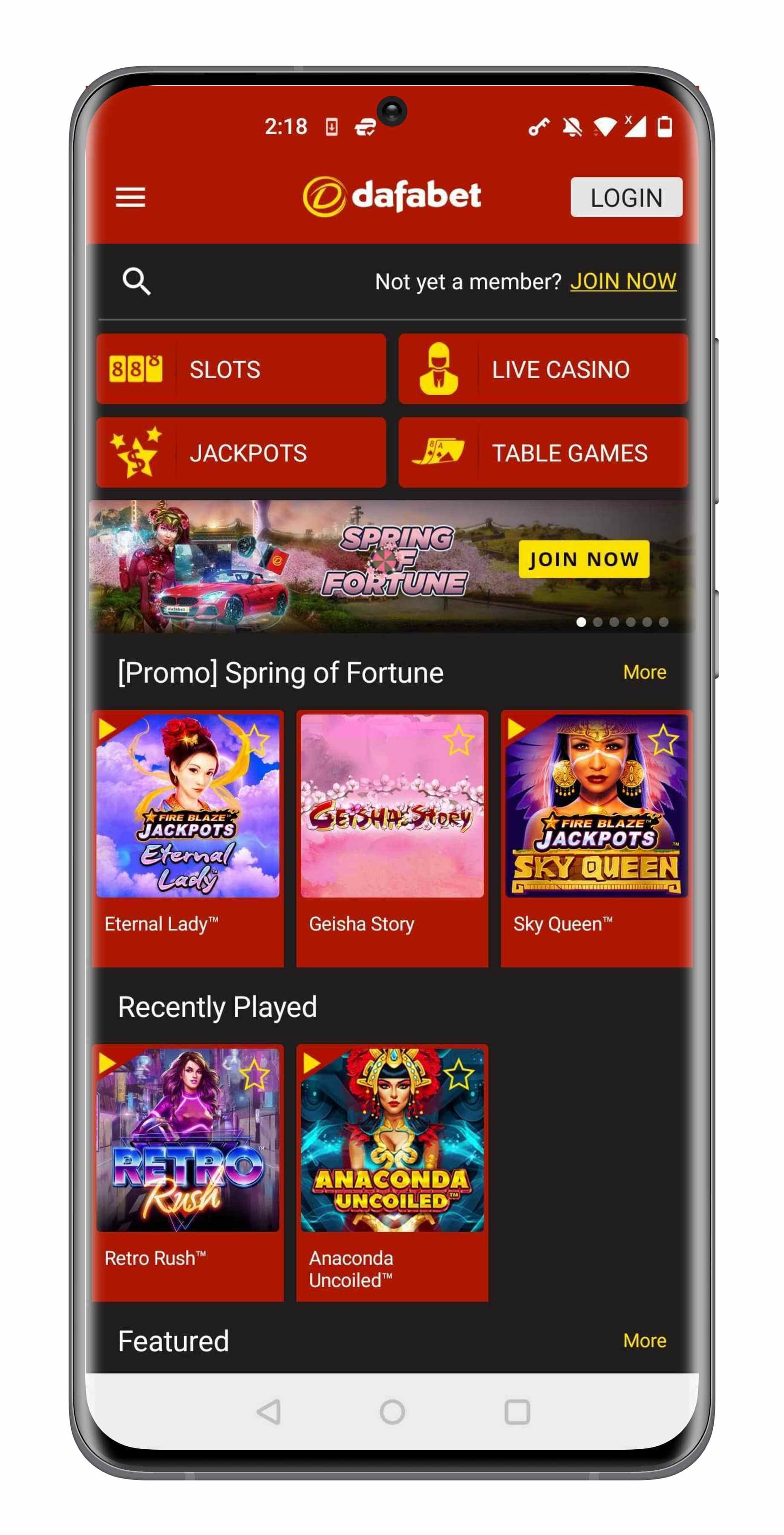Dafa Casino App Homepage