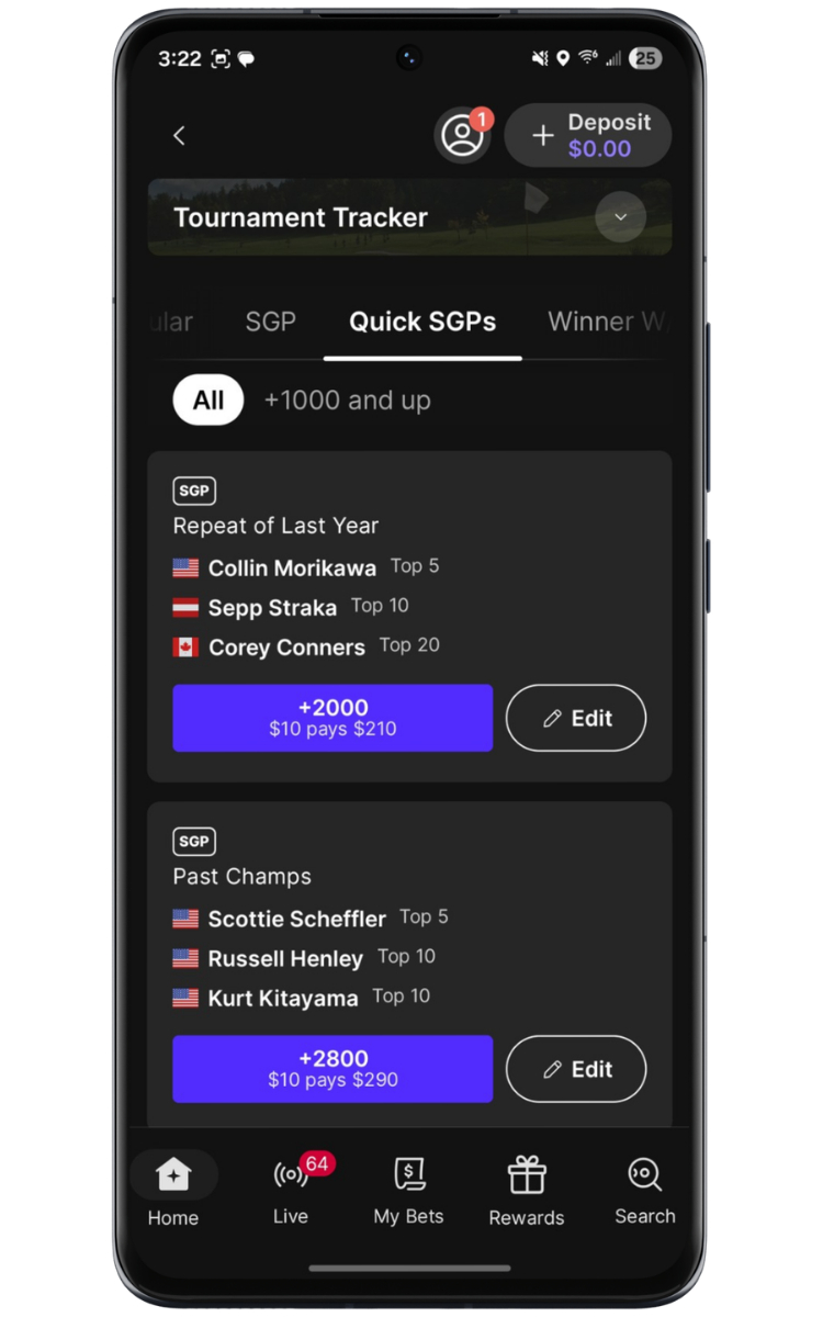 Fanatics Sportsbook Golf SGPs